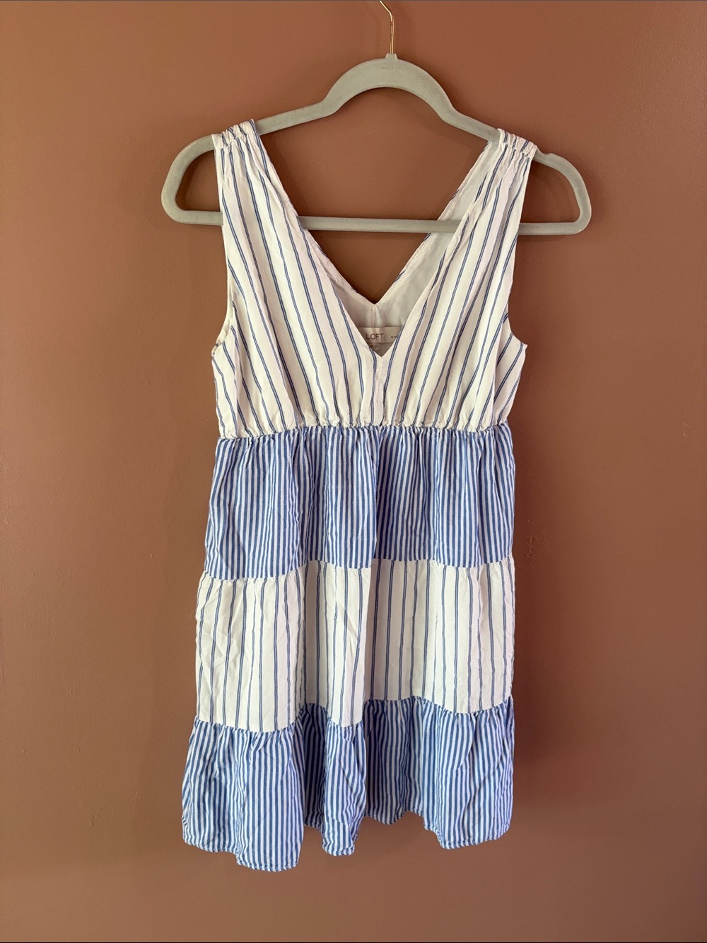 LOFT Blue & White Striped Tiered Sundress